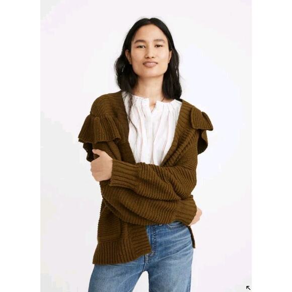 Madewell Ruffle Cardigan Sweater M Green (“Golden Spinach”) – EUC w/ Minor Spot - Picture 1 of 12